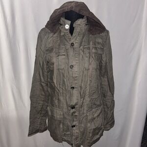 Olivia Moon Utility Jacket Field Cargo Pockets   Taupe Brown Women Linen Hood
